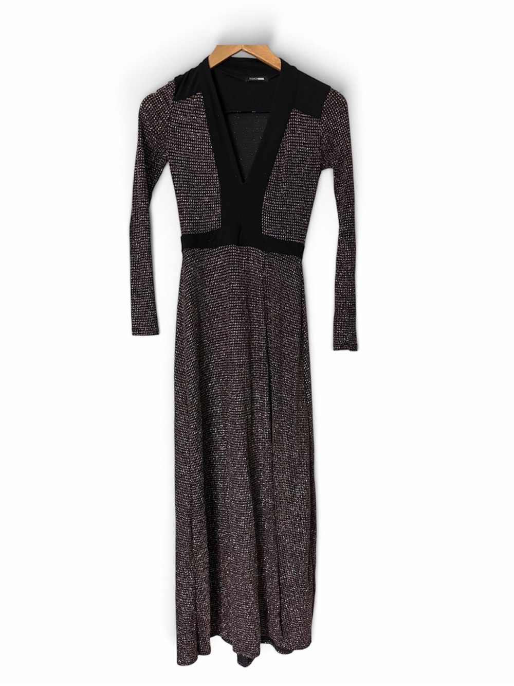 Long Sleeve Deep V Metallic Knit Maxi Dress - Black